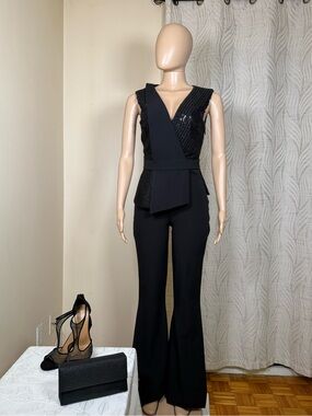 Black Sequin V-Neck Jumpsuit with Waist Tie